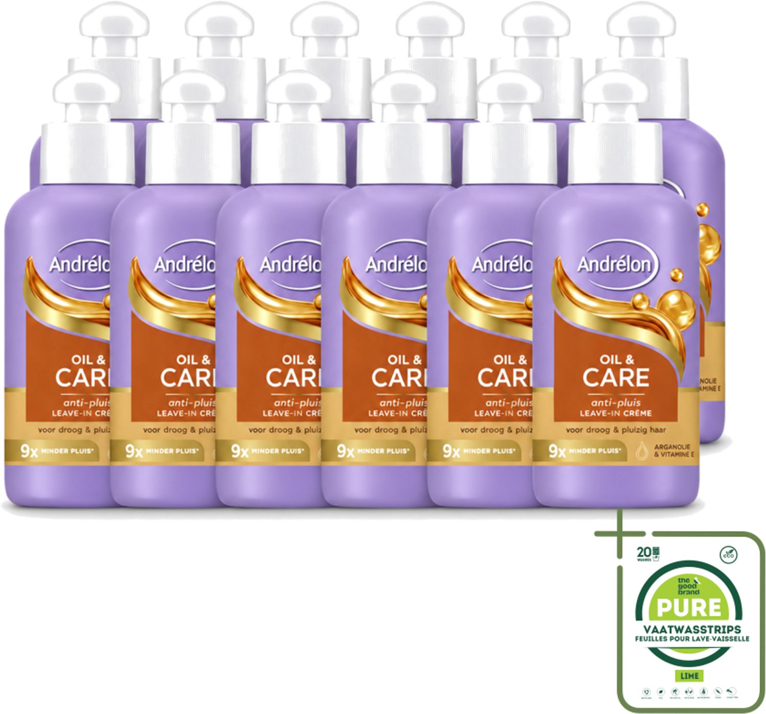 12 x Andrélon – Leave-In Crème – Oil & Care – 200 ml - Grootverpakking - Vaatwasstrips - Haarkruid - Anti-pluis - Voeding Haar - Pluiscontrole - Arganolie