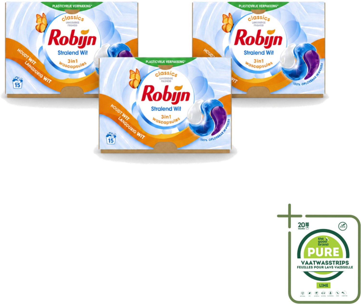 3 x Robijn – 3-in-1 Wascapsules – Stralend Wit – 15 capsules - Grootverpakking - Vaatwasstrips - Wit Was - Stralend Wit - Wascapsules - White Serum - Wasbescherming