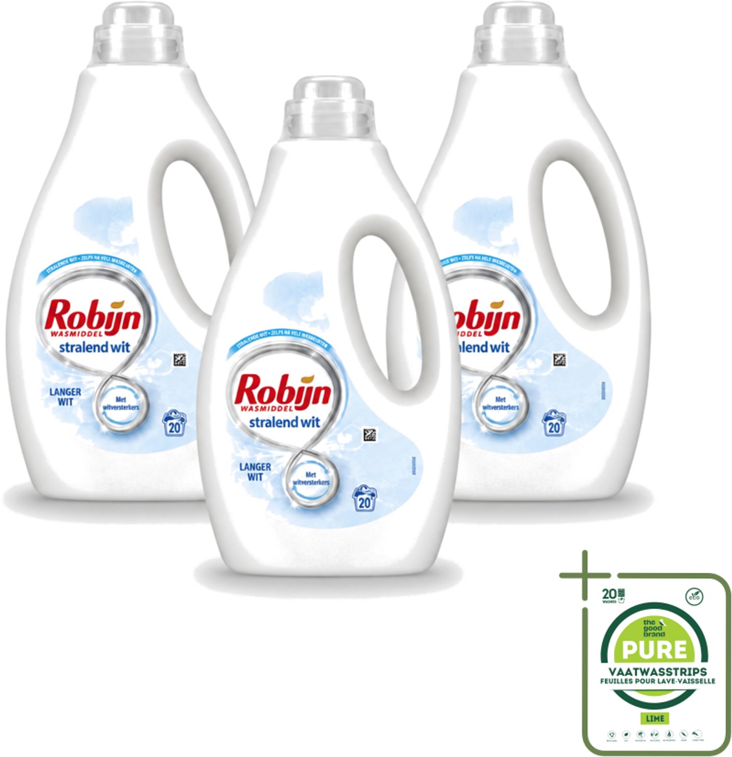 3 x Robijn – Vloeibaar Wasmiddel – Stralend Wit – 20 wasbeurten - Grootverpakking - Vaatwasstrips - Wit Wasmiddel - Stralend Wit - Wasmiddel Voor Witte Kleding - Wasmiddel Met Witversterker - Frisse Geur Wasmiddel