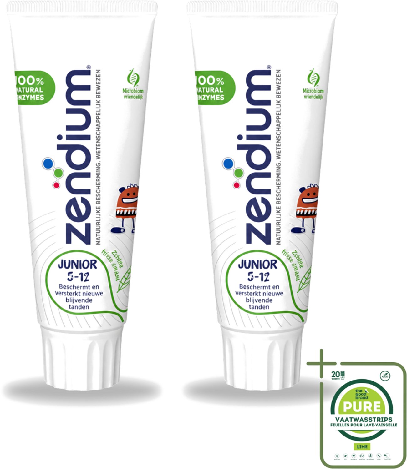 2 x Zendium - Junior 5-12 Jaar - Tandpasta - Natuurlijke Enzymen - 75 ml - Grootverpakking - Vaatwasstrips - Tandpasta Voor Kinderen - Melktanden Beschermen - Natuurlijke Enzymen - Gezonde Mondflora - SLS-vrije Tandpasta