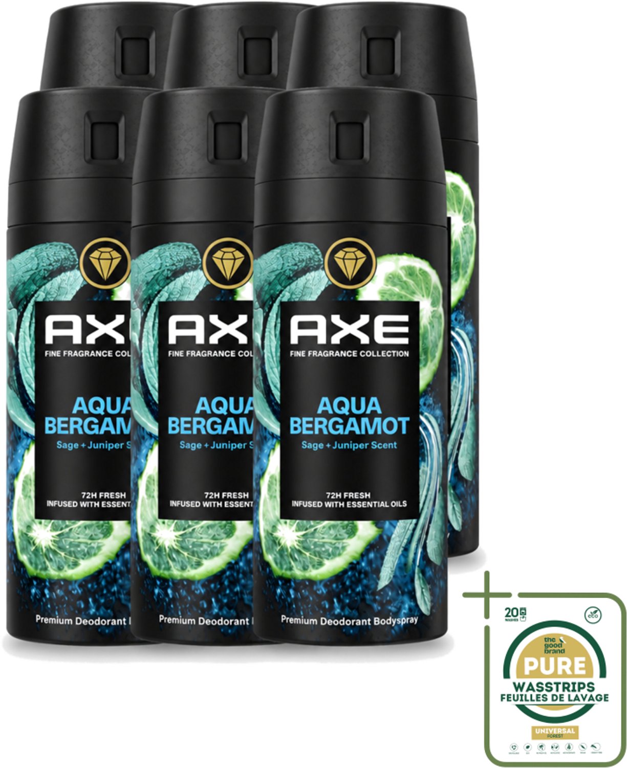 6 x Axe - Deodorant Bodyspray - 72hrs Fresh - Aqua Bergamot - Sage & Juniper - 150 ml - Wasstrips - Axe Aqua Bergamot Deodorant - Bodyspray 72h Fresh - Aqua Bergamot Geur - Bergamot Sage Juniper Deodorant - Premium Deodorant