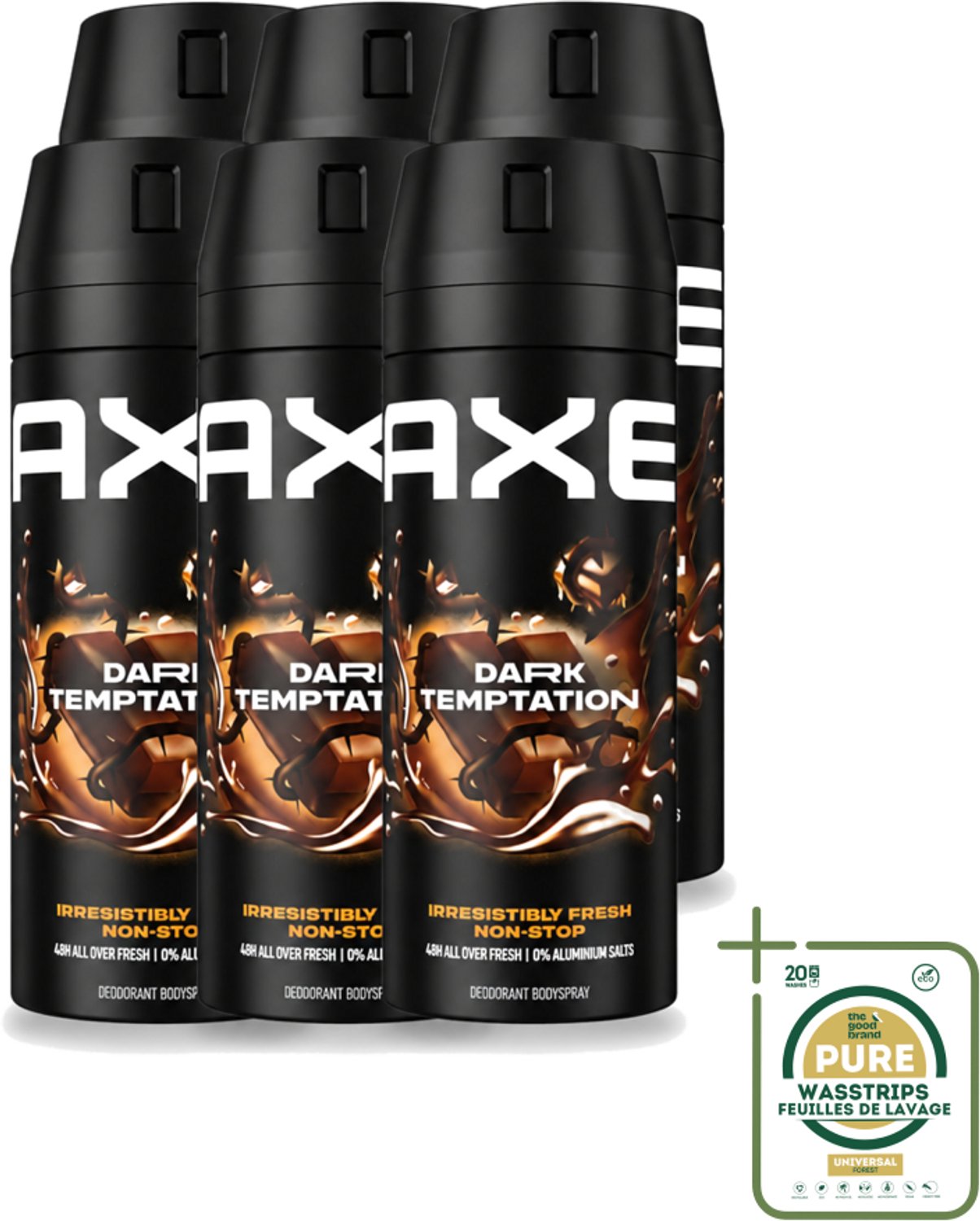 6 x Axe - Deodorant Bodyspray - 48hrs Non Stop Fresh - Dark Temptation - Dark Chocolate - 150 ml - Wasstrips - Deodorant Bodyspray - Geurbeheersing - Donker Chocolade - Kruiden - 48 Uur Fris