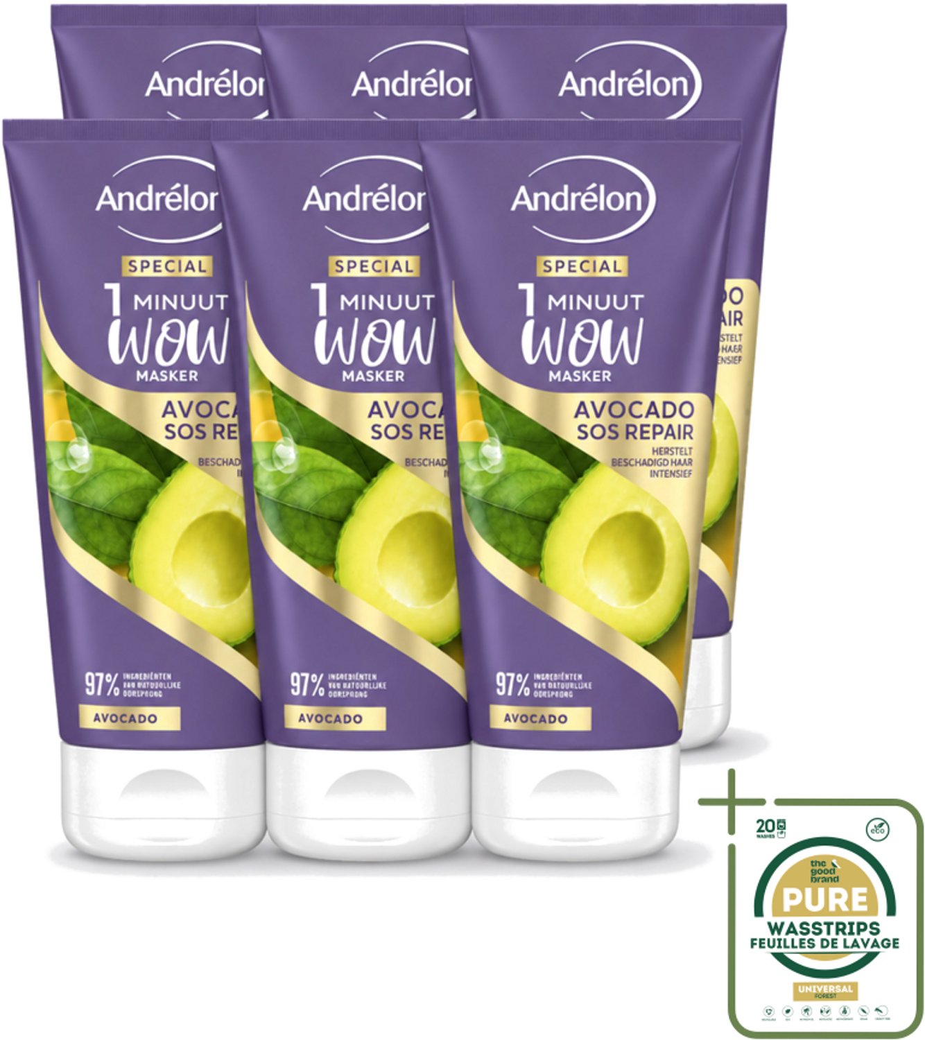 6 x Andrélon - 1 Minuut Wow Haarmasker - Avocado SOS Repair - 180 ml - Wasstrips - 1 Minuut Herstel - Beschadigd Haar Herstel - Avocado Haarmasker - Haarmasker 1 Minuut - Haarmasker Voor Beschadigd Haar