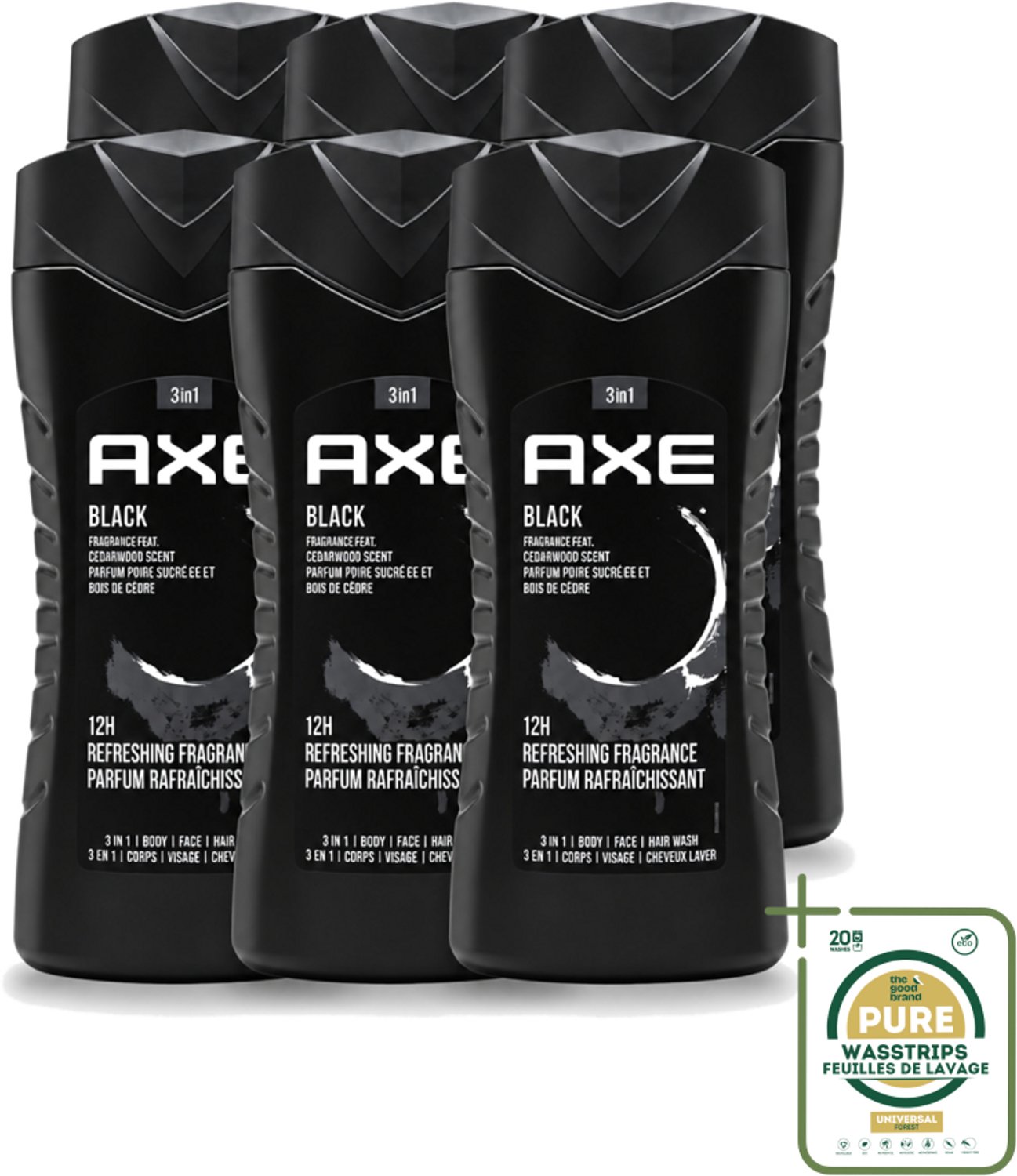 6 x Axe – Douchegel – Black – Houtachtig & Fris - 250 ml - Wasstrips - Douchegel - Frisheid - Mannelijke Geur - Cederhout - Peer