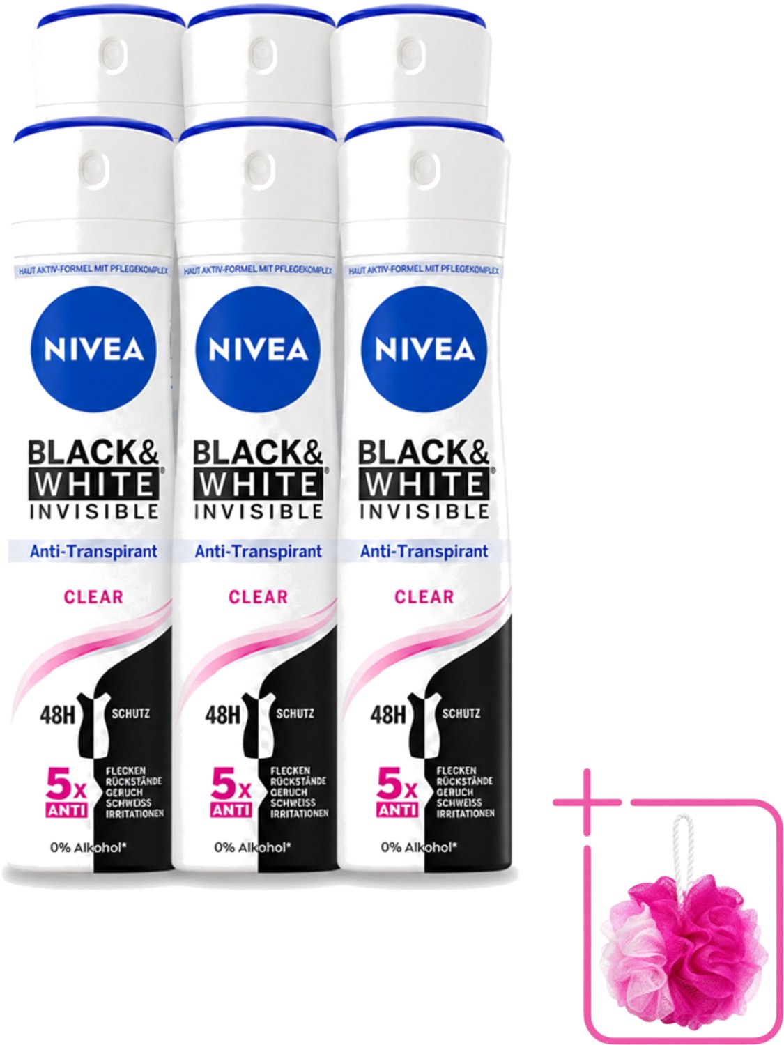 6 x Nivea - Deodorant - Spray - Black & White Invisible Clear - Anti-Transpirant - 150 ml - Bulkverpakking - Deodorant spray - Anti-transpirant