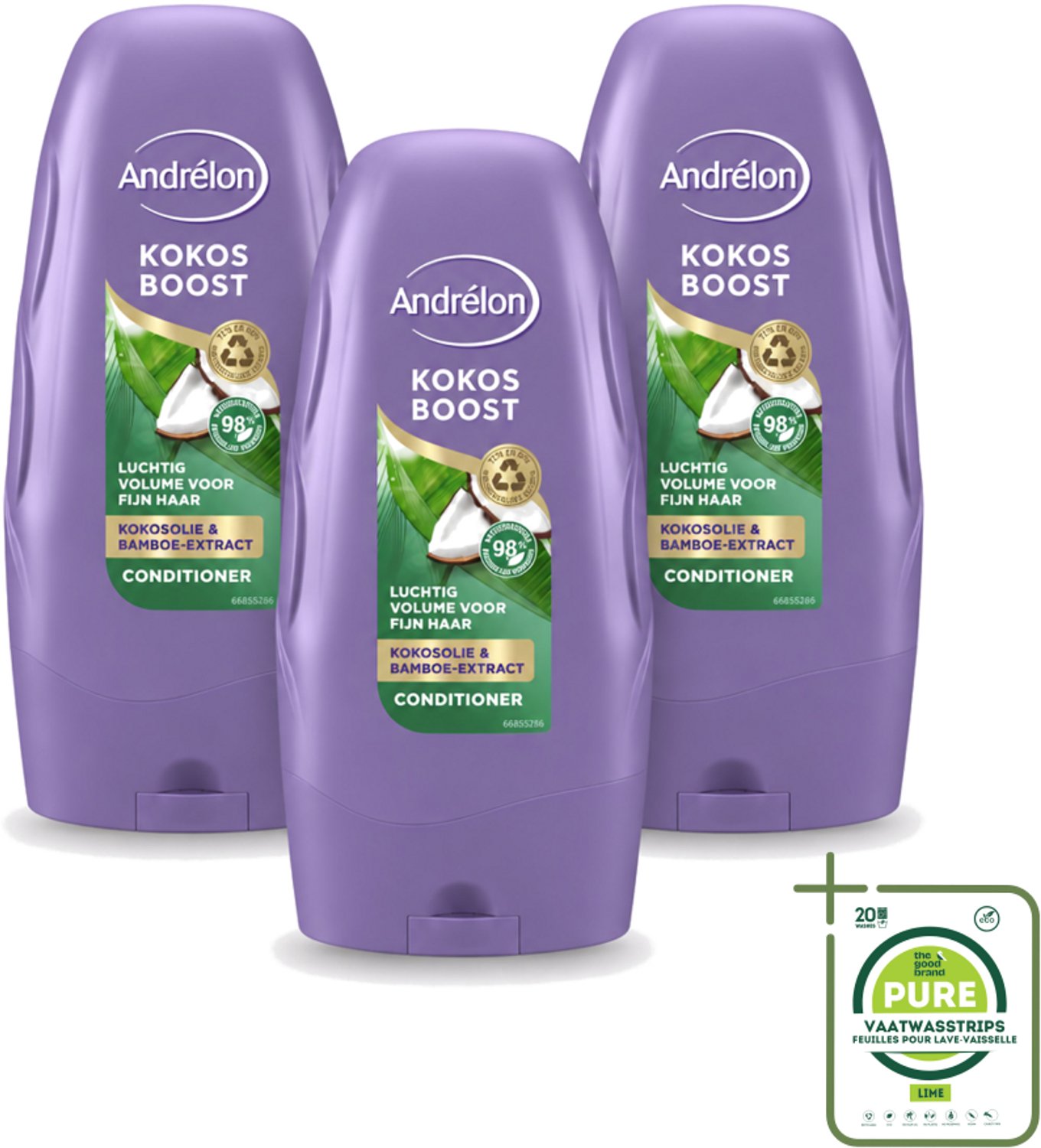 3 x Andrélon - Kokos Boost - Conditioner - Intensieve Voeding - 250 ml - Grootverpakking - Vaatwasstrips - Conditioner Voor Fijn Haar - Kokosolie Conditioner - Volume Voor Haar - Voeding Voor Haar - Bamboe-extract Conditioner