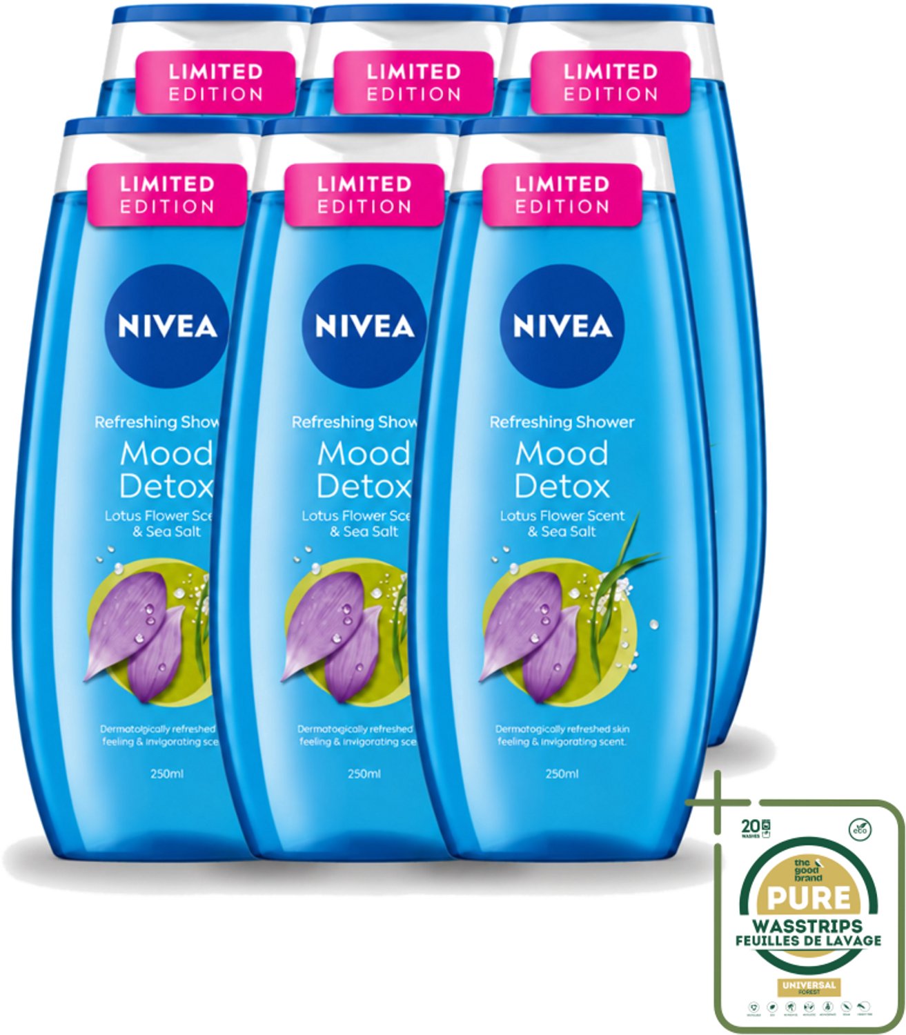 6 x Nivea – Douchegel – Creme Mood Detox – 250 ml - Wasstrips - Douchegel - Ontspanning - Zeezout - Huidverzorging - Mild Reinigen