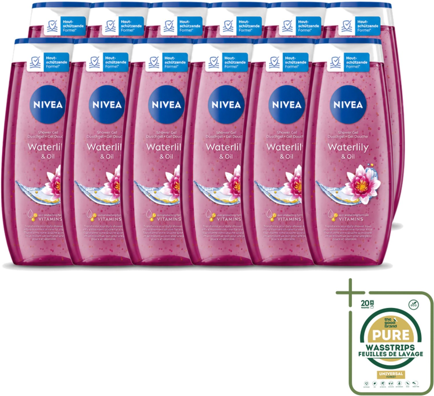 12 x Nivea – Douchegel – Waterlily & Oil – 250 ml - Wasstrips - Douchegel - Waterlelie - Huidverzorging - Mild Reinigen - Huidcomfort