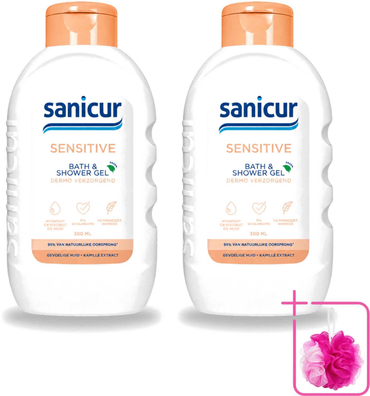 2 x Sanicur – Bad & Douchegel – Sensitive – 300 ml - Bulkverpakking - Gevoelige huid - Douchemop - Bad en douchegel