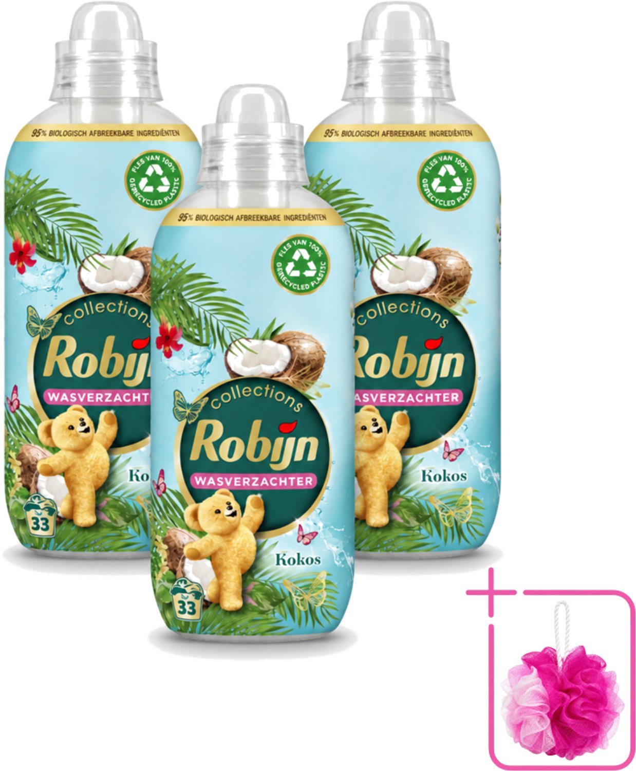 3 x Robijn - Kokos Sensation - Wasverzachter - Tropische Geur - 33 Wasbeurten - 825 ml - Bulkverpakking - Wasverzachter - Douchemop - Kokosgeur