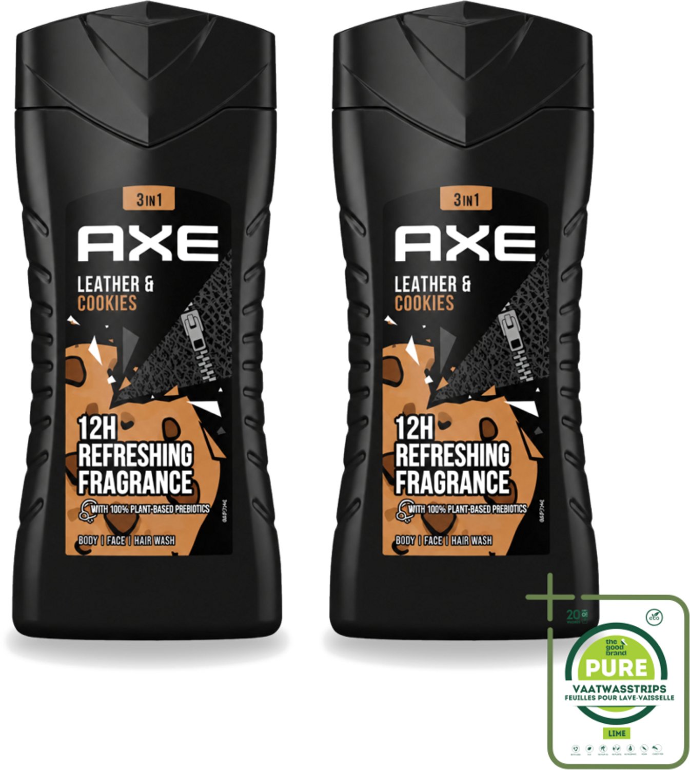 2 x Axe - 3-in-1 Douchegel - Leather & Cookies - 100% Plantaardig - 250 ml - Grootverpakking - Vaatwasstrips - Douchegel - Geur - Lichaam - Gezicht - Haar