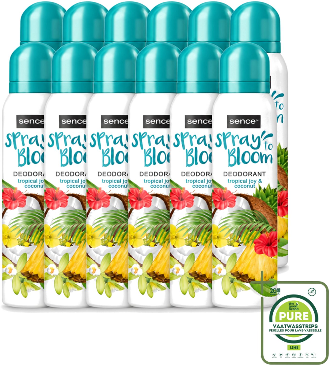 12 x Sence - Tropical Joy & Coconut - Deodorant - Exotisch - 150 ml - Grootverpakking - Vaatwasstrips - Tropische Geur - Kokos - Exotische Geur - Deodorant - Frisheid