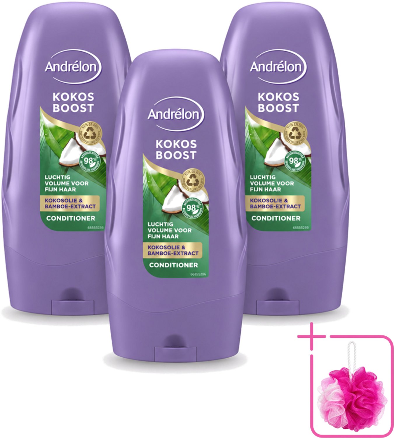 3 x Andrélon - Kokos Boost - Conditioner - Intensieve Voeding - 250 ml - Bulkverpakking - Conditioner voor fijn haar - Douchemop - Kokosolie conditioner