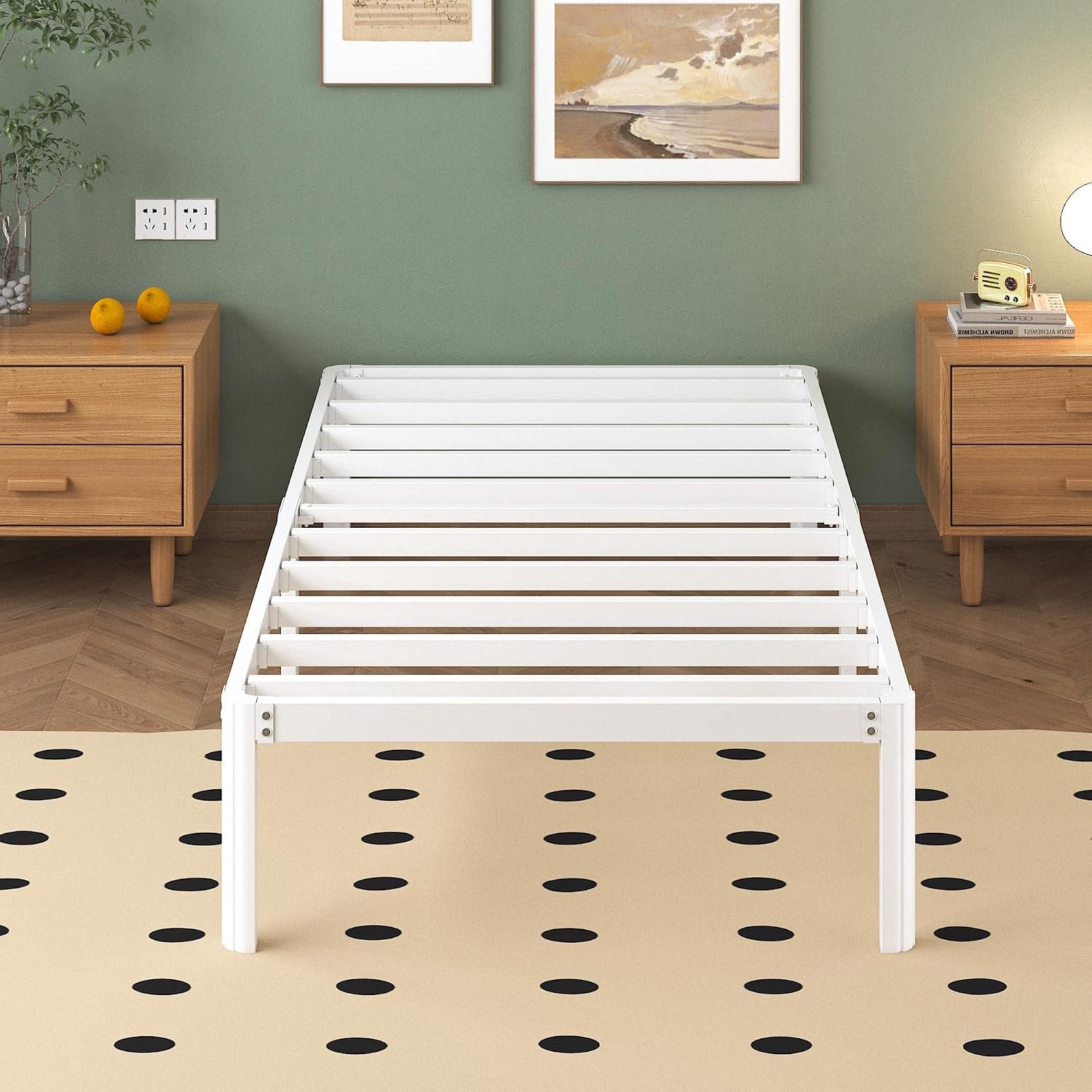 Lutown-Teen Metalen Bed 75 x 190 cm met Ronde Hoekpoten, Hoogte 30.5cm, Bedframe 75x190 met Lattenbodem Van Metaal, Stabiel, Eenvoudige Montage, Opbergruimte onder het bed, Wit