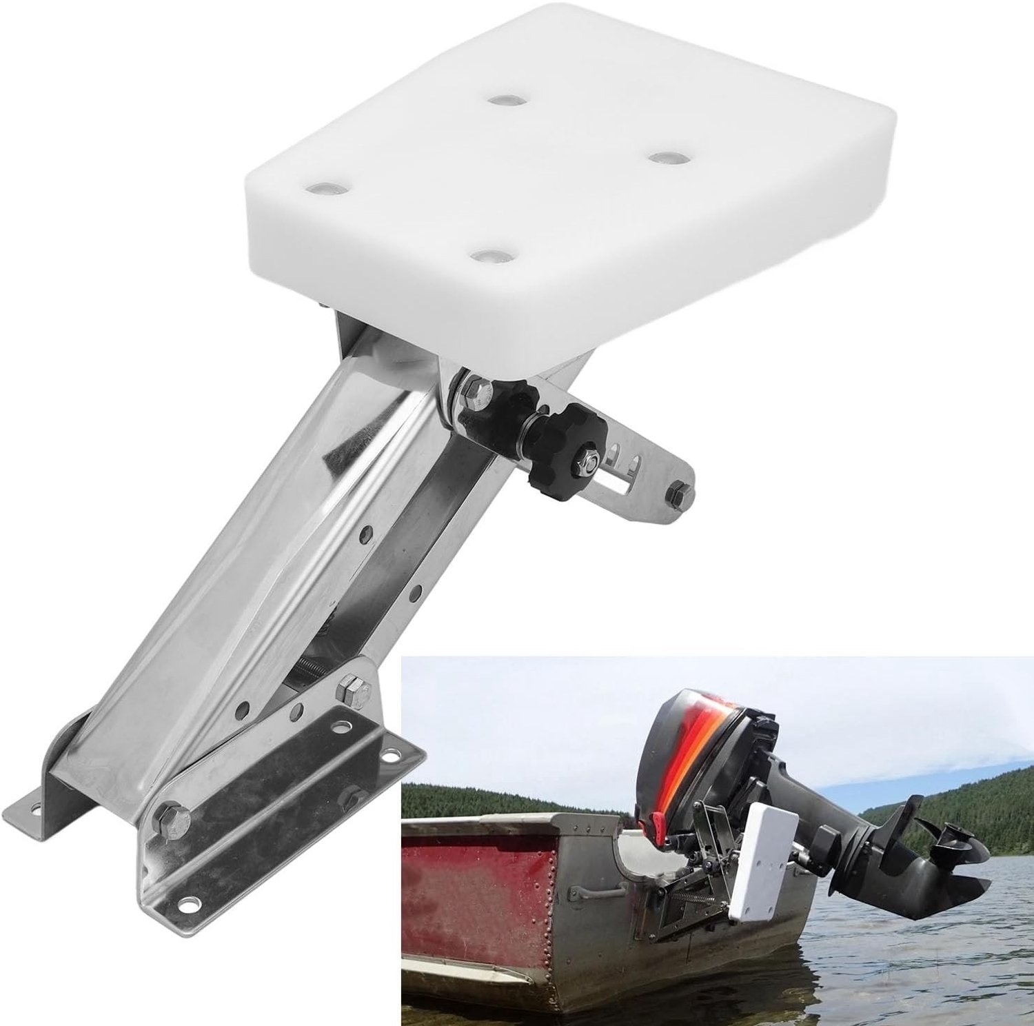 Robuuste buitenboordmotorsteun van roestvrij staal, geschikt voor 7.5 tot 20 HP motoren, tot 110 lbs belasting, ideaal voor boten en watersport.