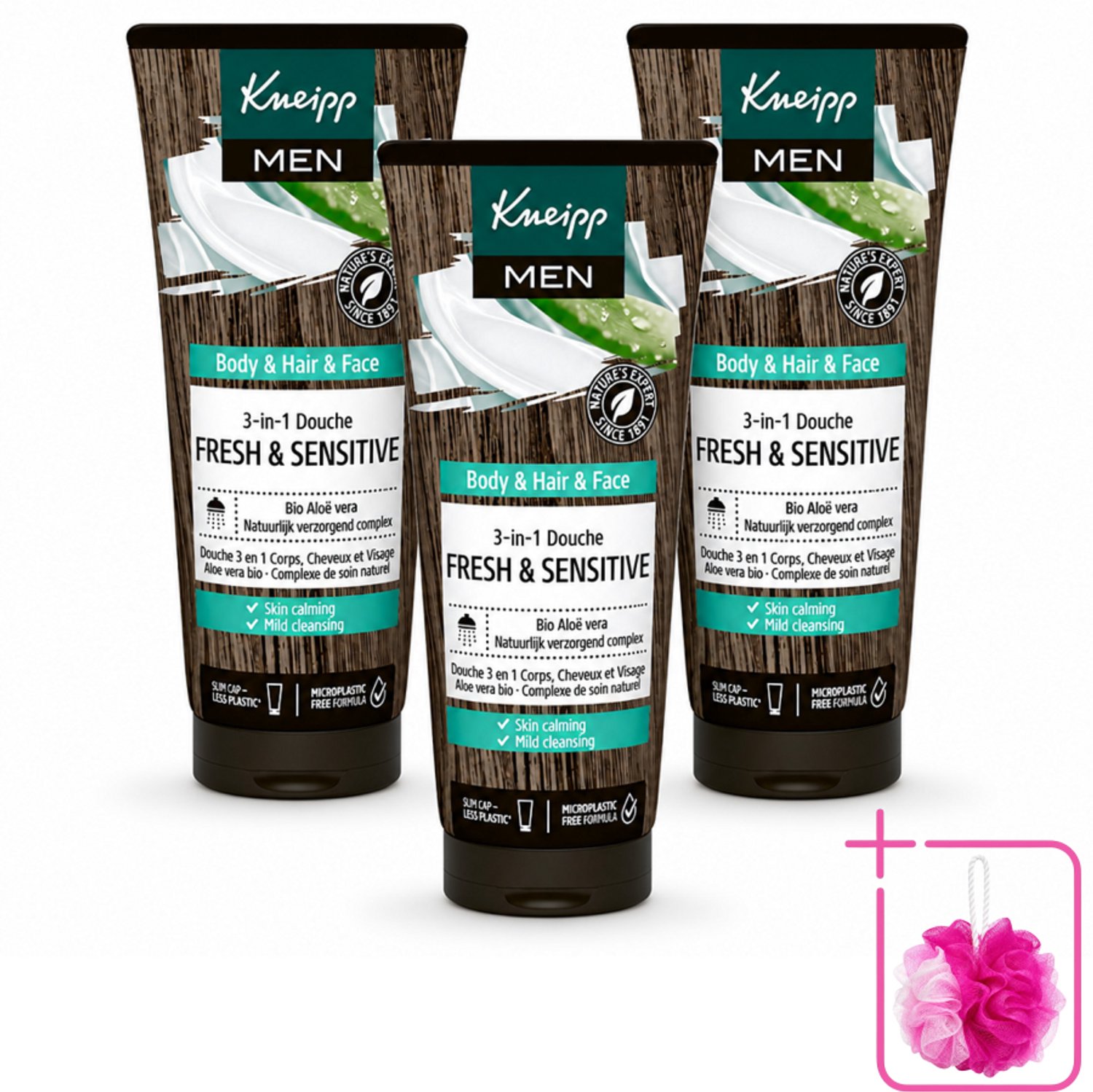 3 x Kneipp - Shampoo & Douche - Men - Fresh & Sensitive - Voor gevoelige en droge huid - 200 ml - Bulkverpakking - Douchegel voor mannen - Douchemop - Gevoelige huid