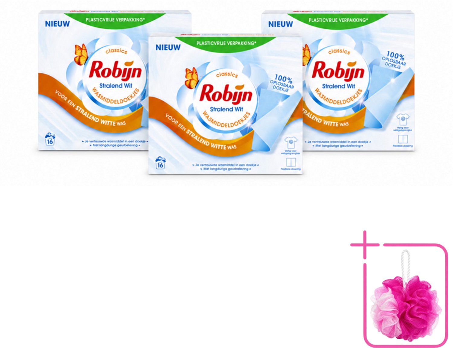3 x Robijn Classics - Stralend Wit - Wasmiddeldoekjes - 16 Wasstrips - Bulkverpakking - Wasmiddeldoekjes - Douchemop - Stralend Wit