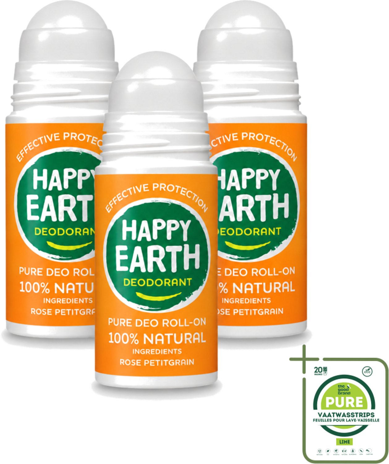 3 x Happy Earth – Deodorant Roll-On – 100% Natuurlijk Rose Petitgrain – 75 ml - Grootverpakking - Natuurlijke Deodorant - Roll-on Deodorant - Bloemige Geur - Frisse Geur - Huidvriendelijk