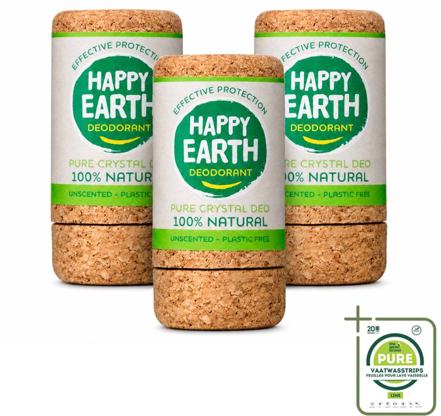 3 x Happy Earth – Deodorant Crystal – 100% Natuurlijk Unscented – 90 g - Grootverpakking - Geurloze Deodorant - Hypoallergene Deodorant - Natuurlijke Deodorant - Kristal Deodorant - Mineralen Deodorant