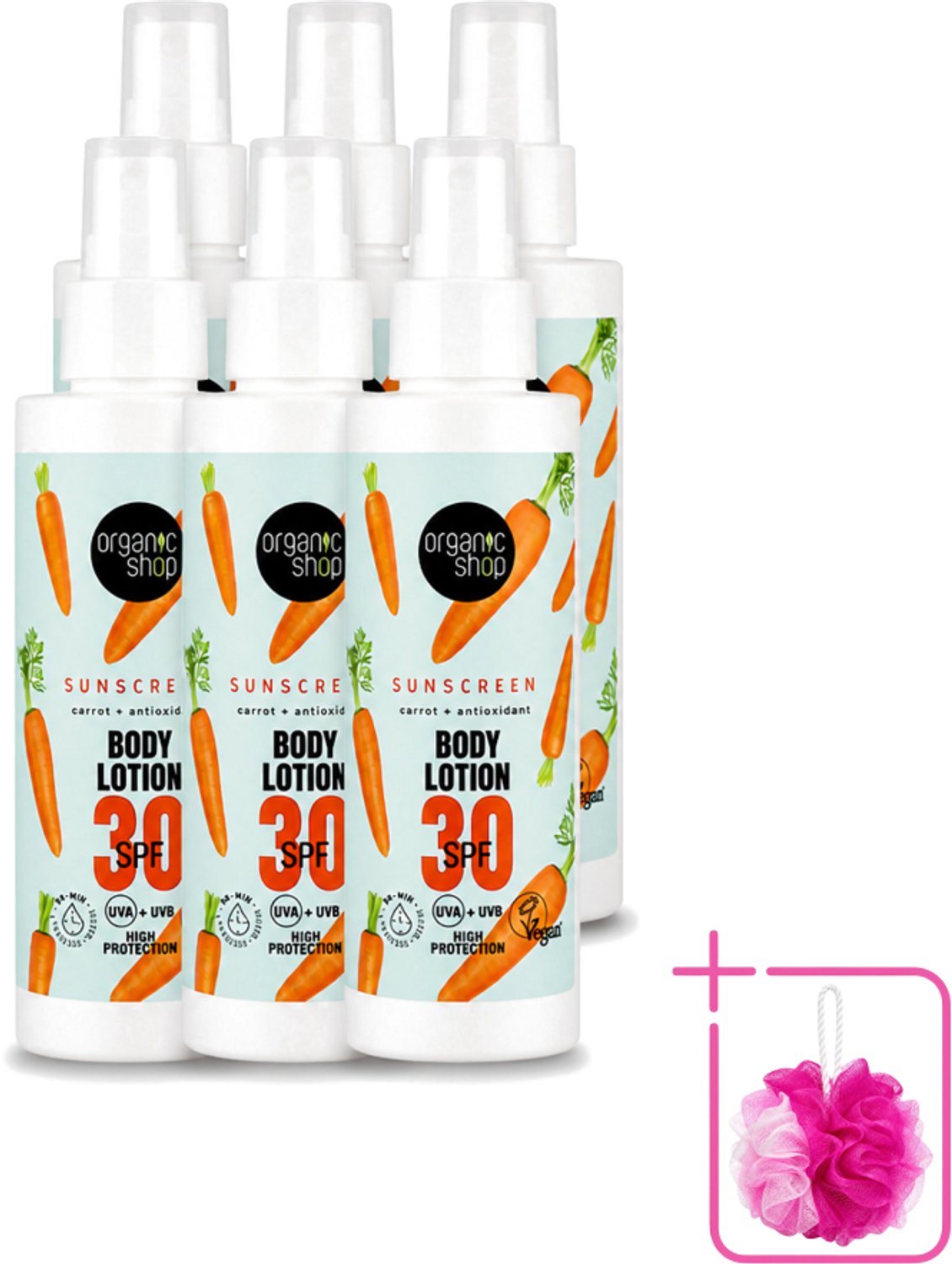 6 x Organic Shop - Zonnebrandcrème SPF 30 - Bescherming tegen de Zon - 150 ml - Bulkverpakking - Zonbescherming - Douchemop - Zonnebrandcrème