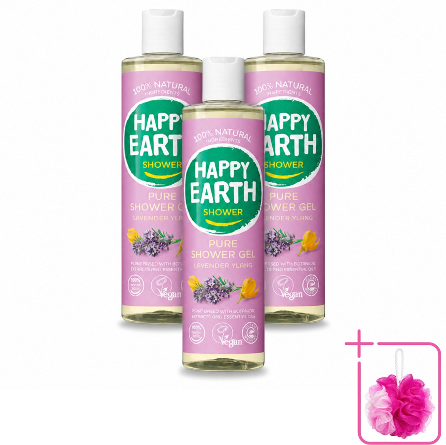 3 x Happy Earth – Douchegel – 100% Natuurlijk Lavender Ylang – 300 ml - Bulkverpakking - Douche gel - Douchemop - Natuurlijke douche