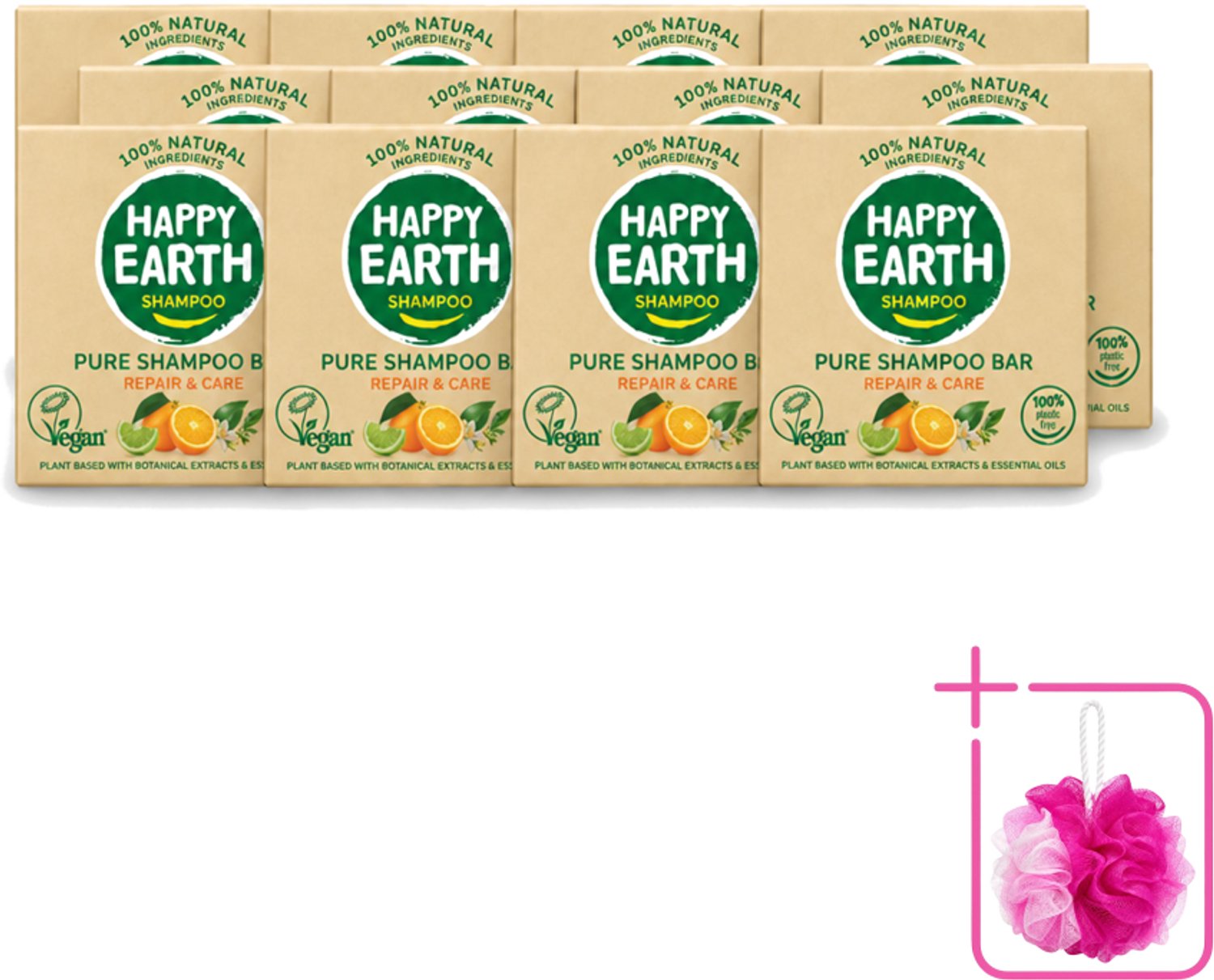 12 x Happy Earth – Shampoo Bar – 100% Natuurlijk Repair & Care – 70 g - Bulkverpakking - Shampoo bar - Douchemop - Droog haar