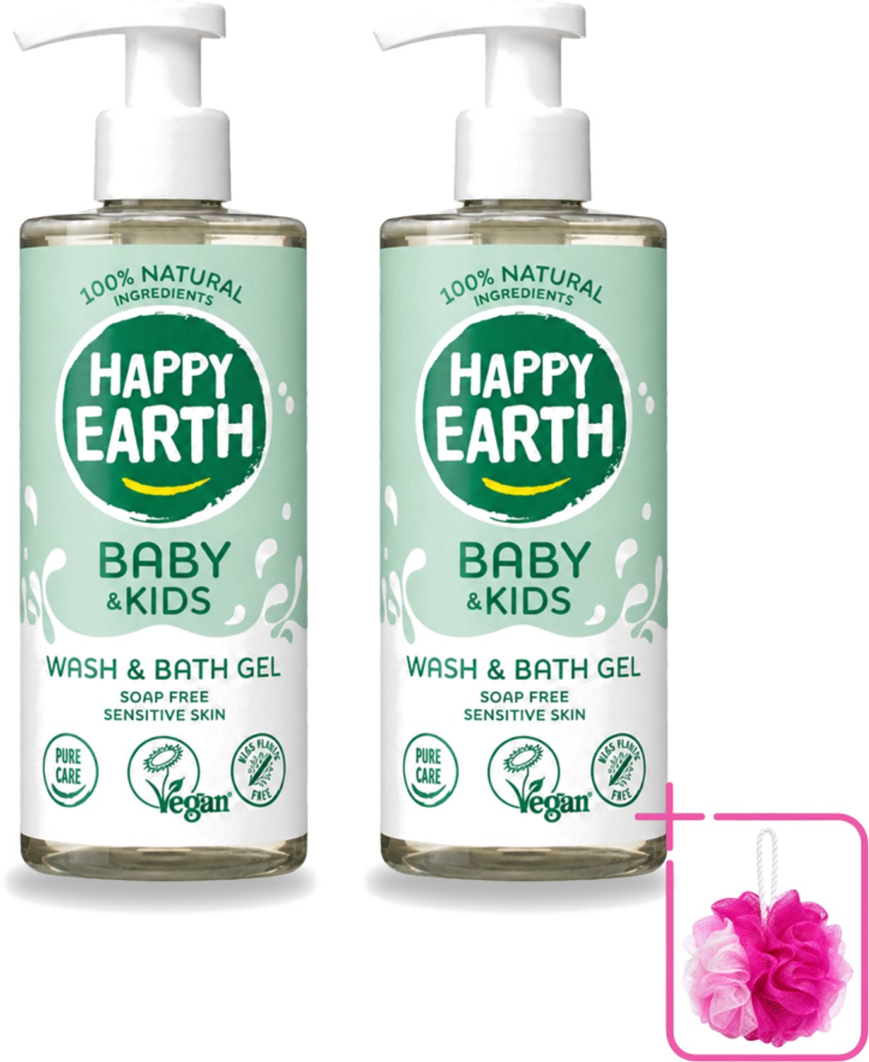 2 x Happy Earth – Was & Badgel – Zeepvrij Baby & Kids – 300 ml - Bulkverpakking - Wasgel - Douchemop - Huidverzachter