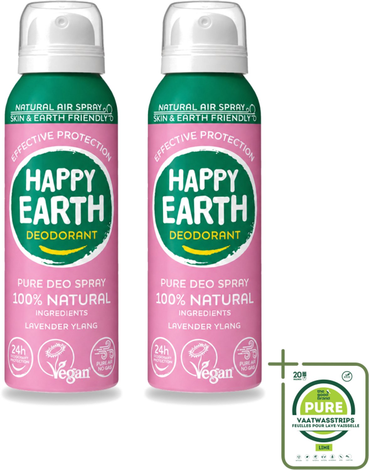 2 x Happy Earth – Deodorant Spray – 100% Natuurlijk Lavender Ylang – 100 ml - Grootverpakking - Vaatwasstrips - Natuurlijke Deodorant Spray - Luchtdeodorant - Frisse Geur - Lavendel - Ylang-ylang