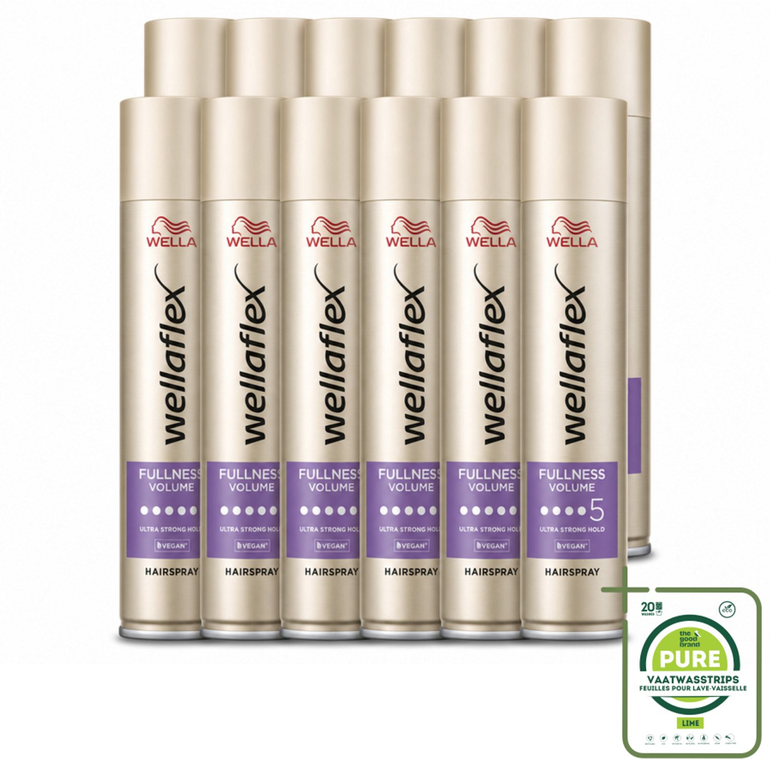 12 x Wella – Flex Fullness Volume Ultra Strong – Haarspray – 250 ml - Grootverpakking - Vaatwasstrips - Haarspray - Volume - Volle Haar - Fijn Haar - UV Bescherming