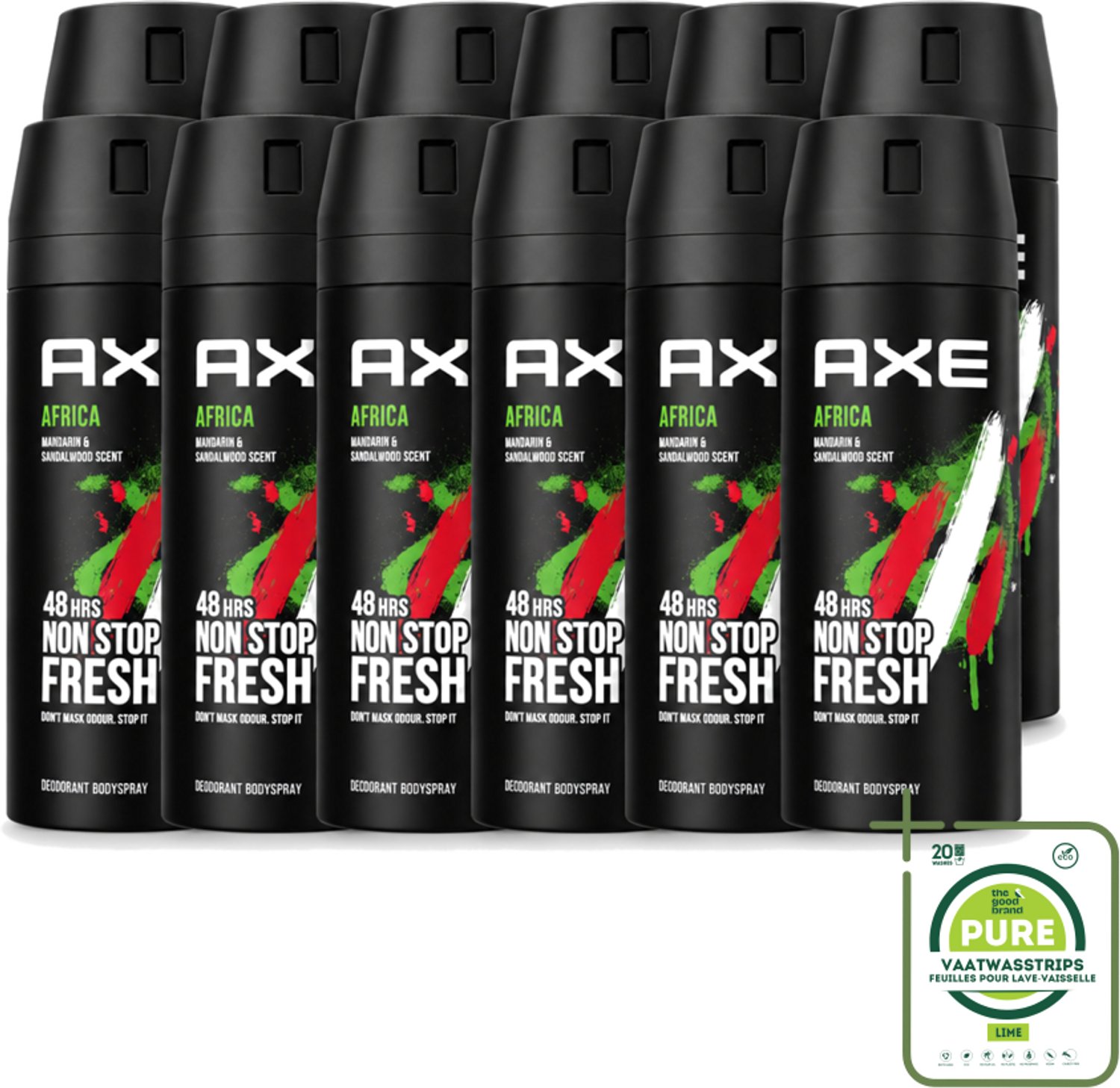 12 x Axe – Deodorant – Africa – 150 ml - Grootverpakking - Vaatwasstrips - Afrikaanse Geur - Frisheid - Lichaamsgeur - Zinktechnologie - Bodyspray