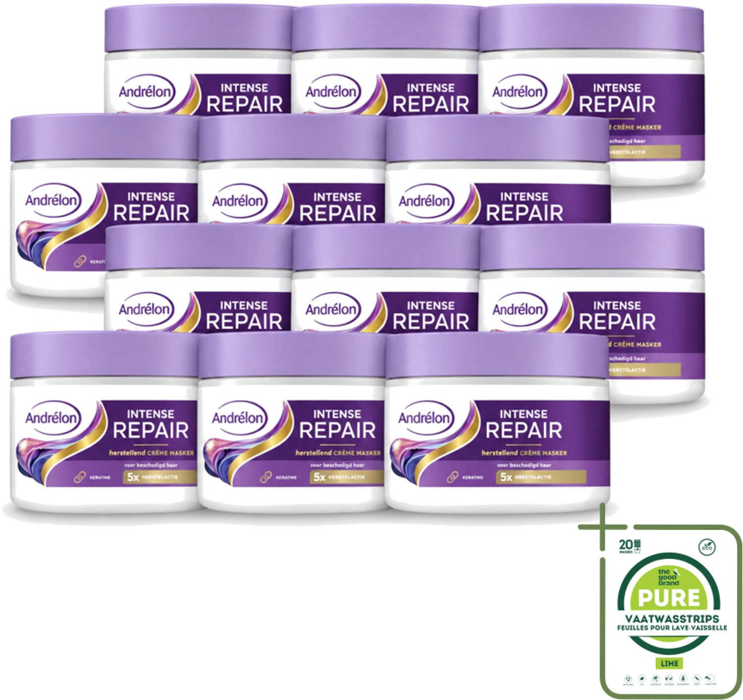 12 x Andrélon – Crème Haarmasker – Intense Repair – 300 ml - Grootverpakking - Vaatwasstrips - Haarkracht - Haarherstel - Keratine - Beschadigd Haar - Haarverzorging