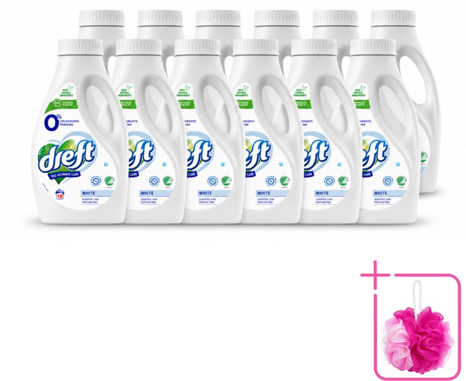 12 x Dreft - Vloeibaar Wasmiddel - 0% Witte Was - Geurvrij & zacht - 19 Wasbeurten - Bulkverpakking - Wasmiddel voor gevoelige huid - Douchemop - 0% parfum was