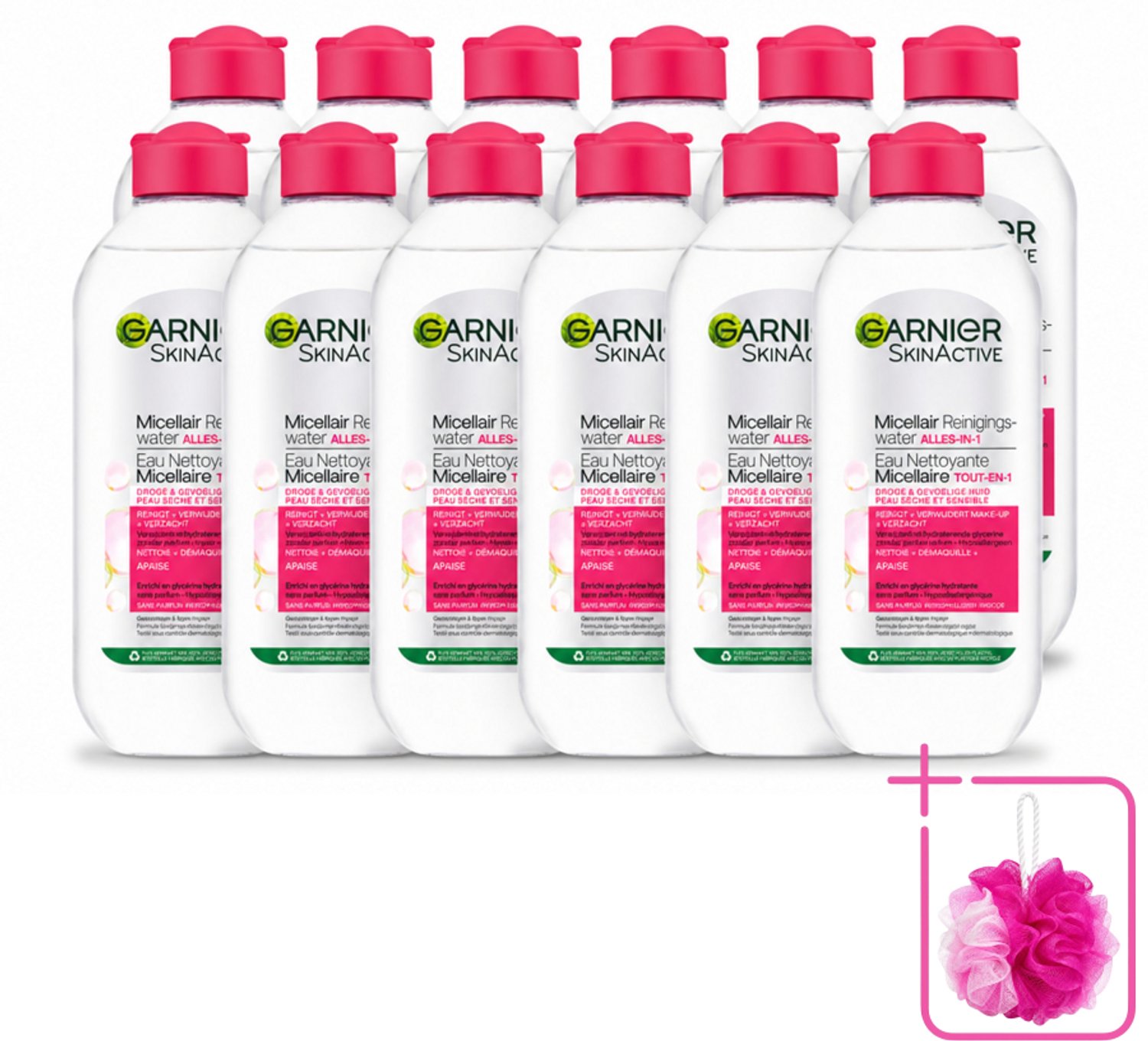 12 x Garnier - SkinActive - Micellair Reinigingswater - Droge & Gevoelige Huid - Hydraterend & Reinigend - 400 ml - Bulkverpakking - Micellair reinigingswater - Douchemop - Droge huid