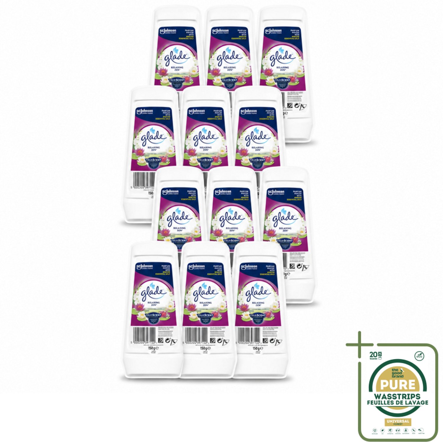 12 x Glade – Luchtverfrisser Gel – Relaxing Zen – 150 g - Wasstrips - Luchtverfrisser Gel - Ontspannende Geur - Geur Neutraliseren - Langdurige Frisheid - Essentiële Oliën