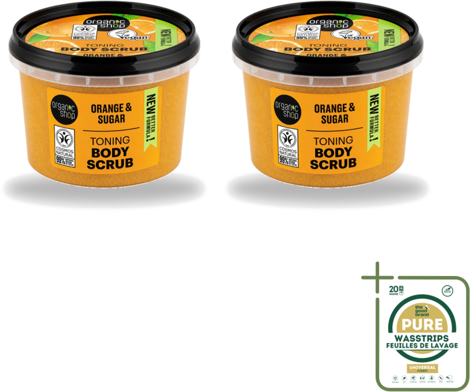2 x Organic Shop - Body Scrub Orange - Verzorgend en Geurend - 250 ml - Wasstrips - Bodyscrub - Huidverzorging - Exfoliatie - Sinaasappelolie - Natuurlijke Huidverzorging