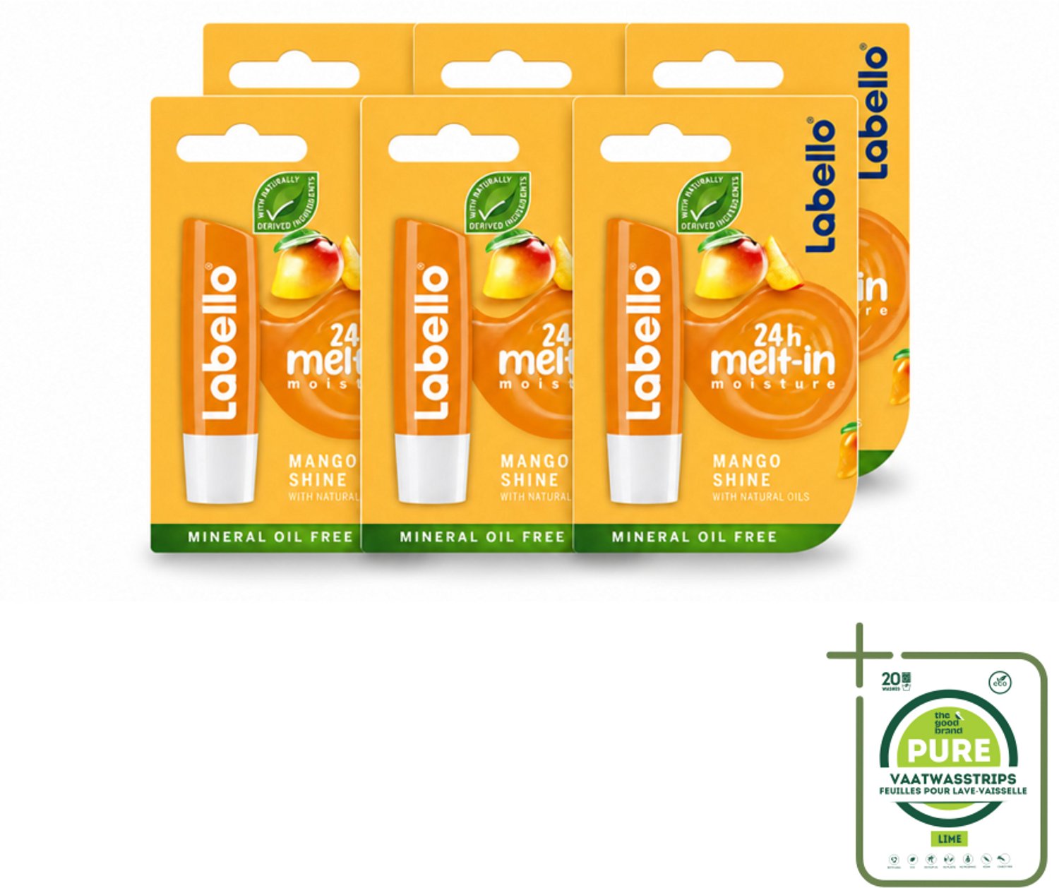 6 x Labello – Lippenbalsem -- Mango Shine – 4,8 g - Grootverpakking - Vaatwasstrips - Lippenbalsem - Mango Geur - Hydratatie - Natuurlijke Glans - Verzorging
