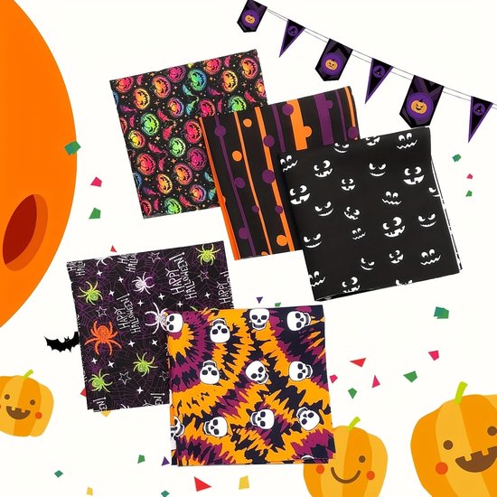 5 stuks Halloween patchwork stoffen 25 x 25 cm Halloween-patroon stof om te naaien, vet quarters stofbundel Halloween bedrukte stoffen per meter, quiltstof voor doe-het-zelf handwerk, — afbeelding 2