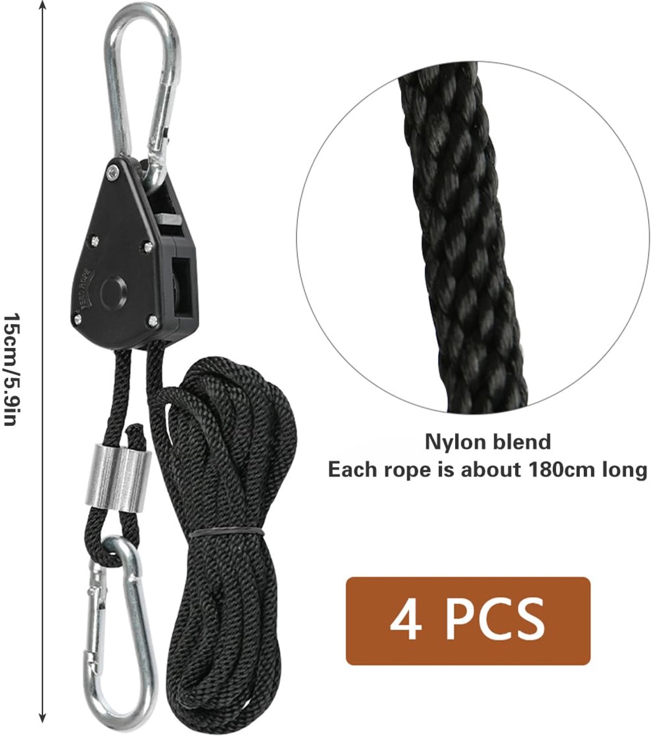 TIMESETL Robuuste kabelratel met haken, 4 stuks, verstelbare touwratel voor plantenlamp, 68 kg, instelbaar rateltouw voor groeilicht, ophanghaak, kabe