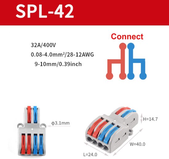 SPL-42 2-in-4 Out verbindingsklem met hendel, verbindingsklem, snelverbinder, compact, stekkerklemmen, kabelstekker, klemmen, elektrisch, SPL-42 (3) — afbeelding 4