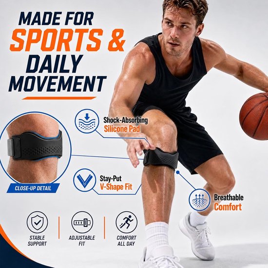 2 stuks patellapeesbandage met siliconen pad, verstelbare patellaband | Zwart, verstelbare kniebandage, siliconen patellapees, ademende kniebandage voor hardlopen, voetbal en basketbal — afbeelding 3