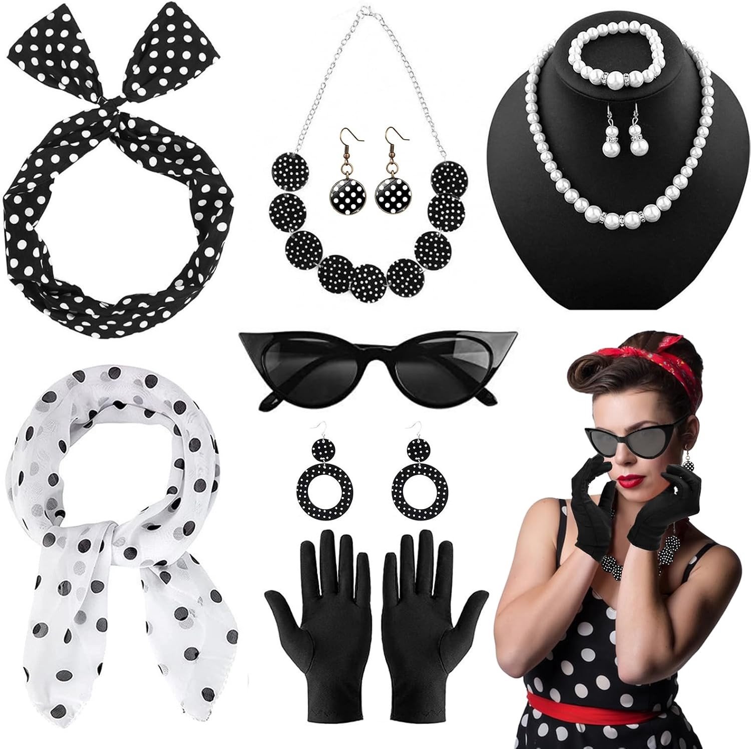 50s Rockabilly Kostuum voor Vrouwen met Handschoenen, Hoofdband en Sjaal - Perfect voor Feesten en Carnaval (Set van 9)