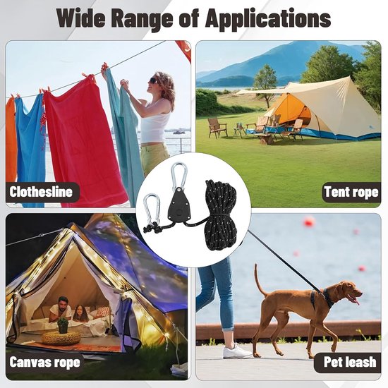 8 stuks verstelbare touwratels, 4 m spankabels met touwspanner, ratelhaken, zware ratels, voor het kweken van planten, lamp, tent, wandelen — afbeelding 2