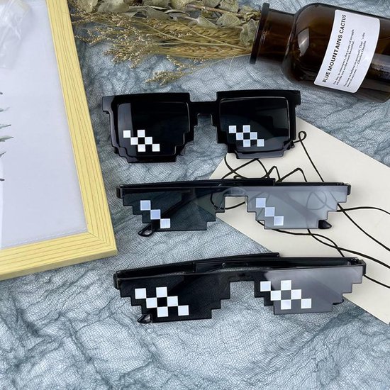 3 stuks pixel-mozaïekglazen, grappige spelletjes, partybril, zwarte zonnebril, foto-rekwisieten, uniseks bril voor reizen, fotografie, themafeesten, festivals — afbeelding 3
