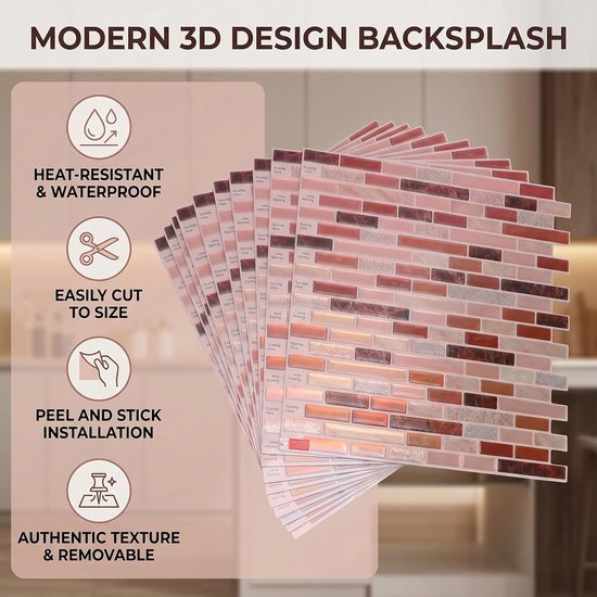 lyrlody Schil en Plak Backsplash, 10 Vellen 3D Zelfklevende Wandpanelen in PTE en PU-druppellijm, 12 X 12 Inch Gemakkelijk Gesneden Hittebestendige Tegels voor Keuken Badkamer — afbeelding 2