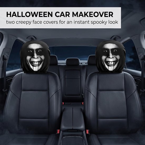 2 stuks horrorhoofdsteunhoezen met griezelig gezicht, grappige autohoofdsteunhoes voor Halloween, universele auto-accessoires van elastische stof, opdruk voor achter — afbeelding 2