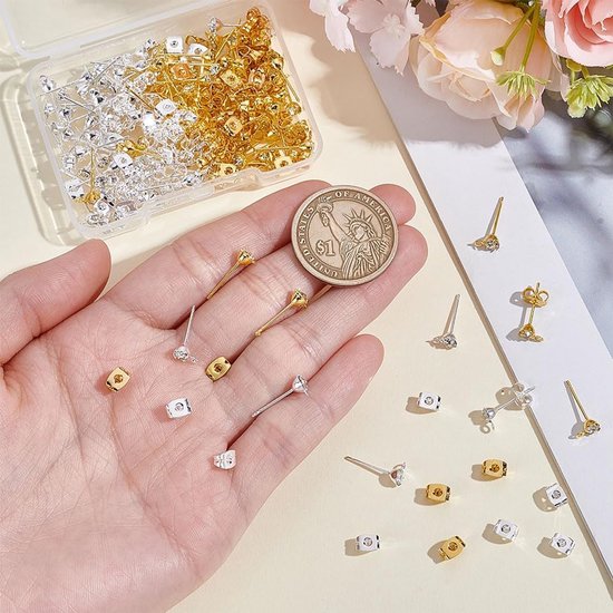 100 stuks strass oorbel stekers 2 kleuren goud zilver oorbellen stekers met gat strass oorbel stekers met oorschroeven — afbeelding 2