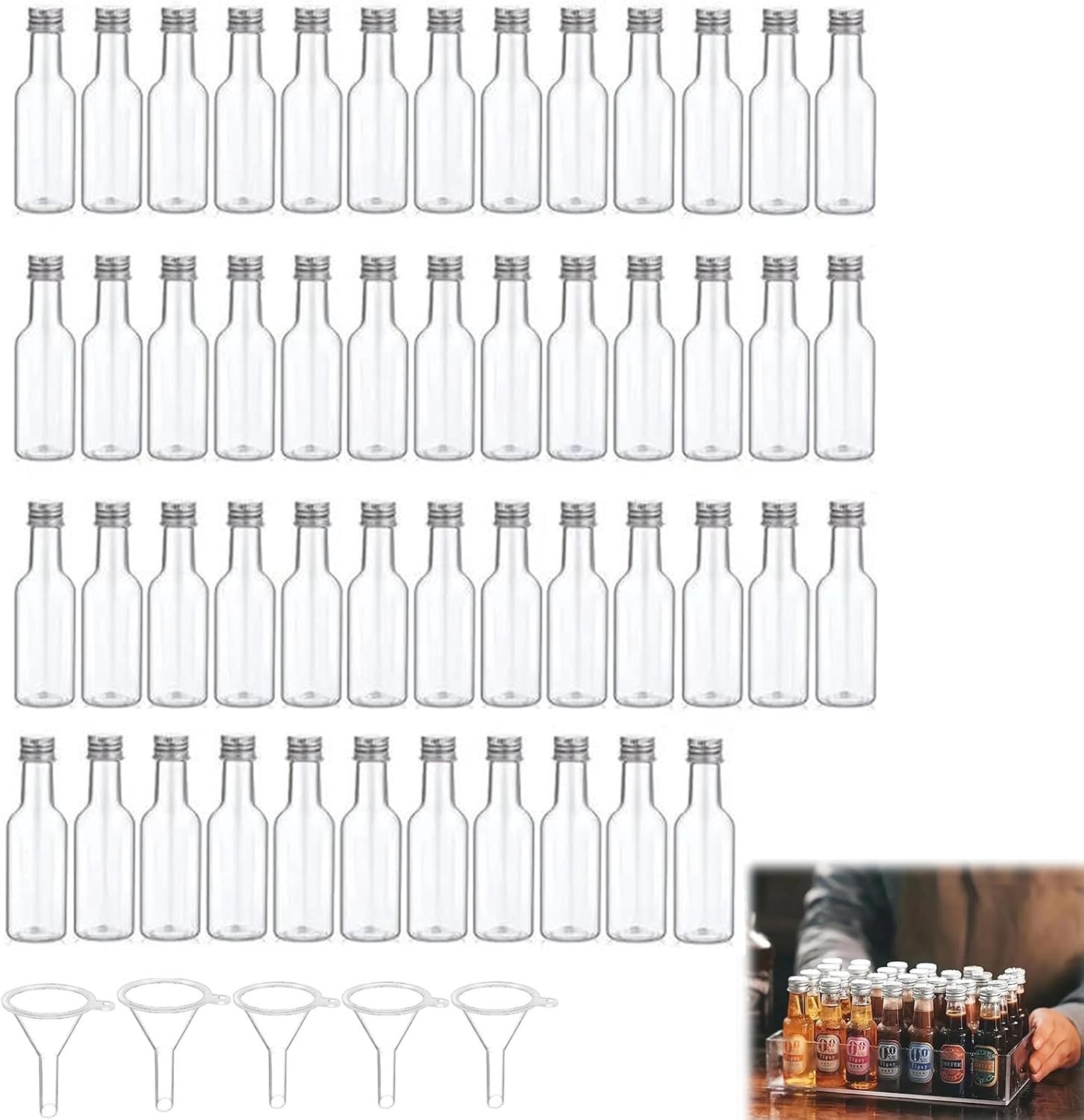 Tokaneit Mini-flessen, herbruikbare lege kleine borrelflessen, kunststof sapflessen met deksel, kleine likeurflessen, wijnfles van kunststof, 50 stuks 100 ml beugelflessen en 5 trechters