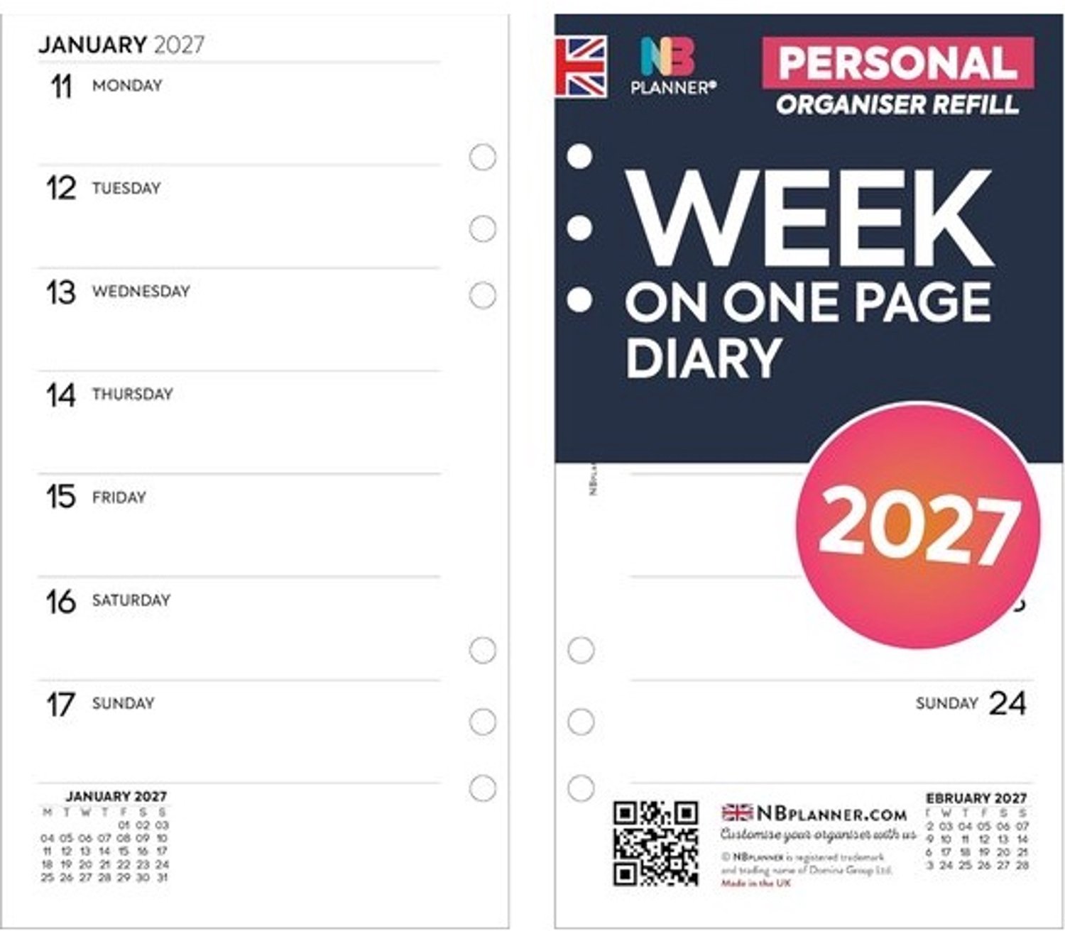 Agendavulling - Dagplanner - organizer - Planning - 2027 - Week op één pagina - 95 x 171 mm