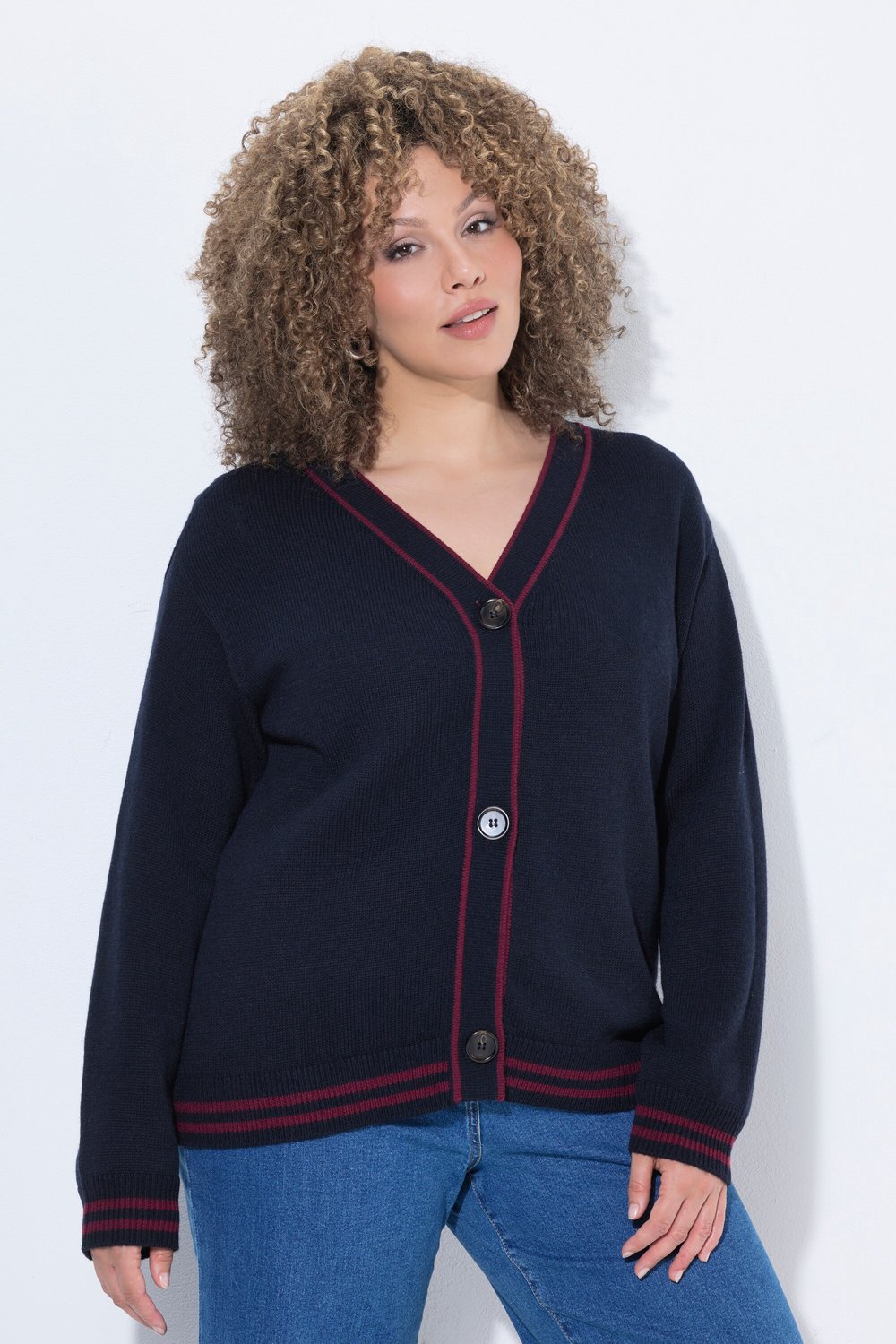 Ulla Popken - Dames - Vest gestreepte randen V-hals lange mouwen wolmix - Marine - Maat 62+