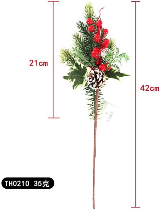 6 stuks kunstdennennaalden, takken, kerstbomen, nep-groenplectrums met rode bessenstengels, kunstgroen, Norfolk dennenstengels, takjes voor doe-het-zelf handwerk, woondecoratie, F — afbeelding 2